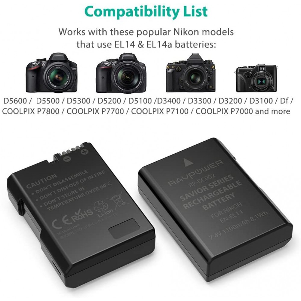 Ravpower  Bateria Reemplazo Nikon EN-EL14 Kit 2x con Cargador USB